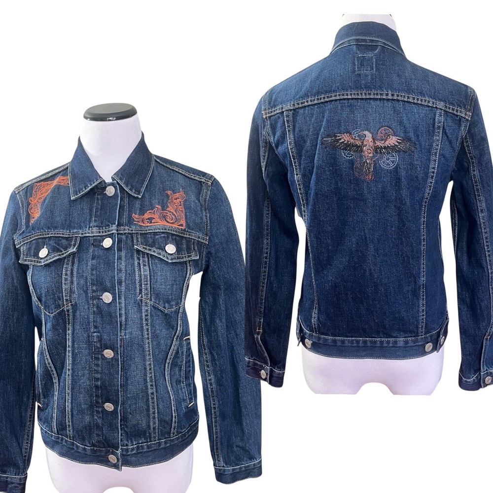 Gap Denim Womens Small Blue Embroidered Eagle Western Trucker‎ Jacket Indigo